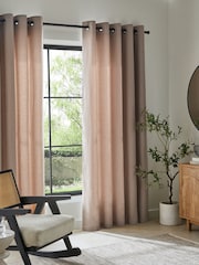 Tan Brown Herringbone Weave Lined Eyelet Curtains - Image 6 of 8