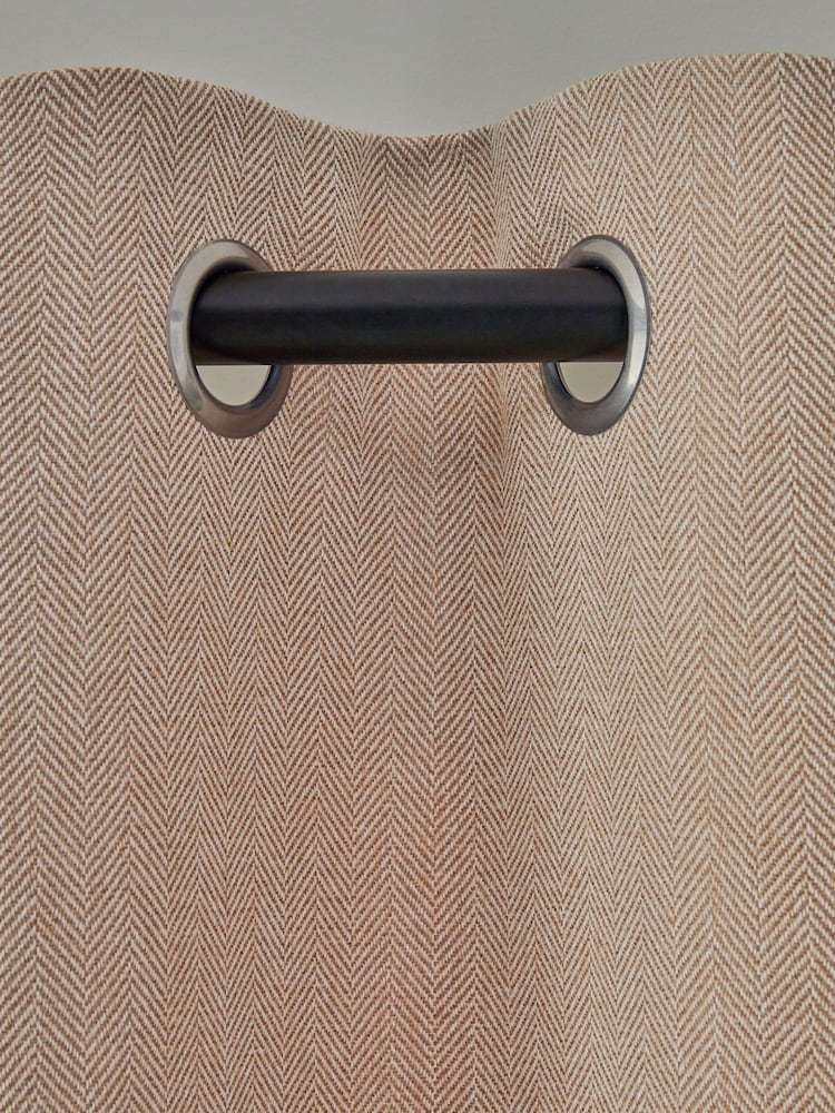 Tan Brown Herringbone Weave Lined Eyelet Curtains - Image 8 of 8