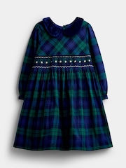 JoJo Maman Bébé Navy Blue Tartan Velvet Collar Christmas Smocked Dress - Image 1 of 5