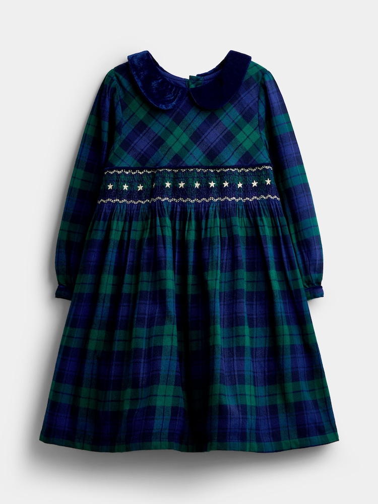 JoJo Maman Bébé Navy Blue Tartan Velvet Collar Christmas Smocked Dress - Image 1 of 5 JoJo Maman Bébé Navy Blue Tartan Velvet Collar Christmas Smocked Dress - Image 1 of 5