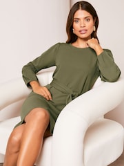 Lipsy Khaki Green Long Sleeve Round Neck Tie Waist Shift Dress - Image 1 of 4
