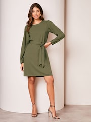 Lipsy Khaki Green Long Sleeve Round Neck Tie Waist Shift Dress - Image 3 of 4