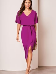 Lipsy Pink V Neck Flutter Sleeve Belted Midi Dress - Image 1 of 4