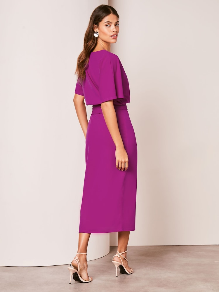 Lipsy Pink V Neck Flutter Sleeve Belted Midi Dress - Image 2 of 4