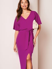 Lipsy Pink V Neck Flutter Sleeve Belted Midi Dress - Image 3 of 4