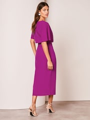 Lipsy Pink Petite V Neck Flutter Sleeve Belted Midi Dress - Image 2 of 4