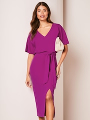 Lipsy Pink Petite V Neck Flutter Sleeve Belted Midi Dress - Image 3 of 4