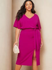 Lipsy Pink Curve V Neck Flutter Sleeve Belted Midi Dress - Image 1 of 4