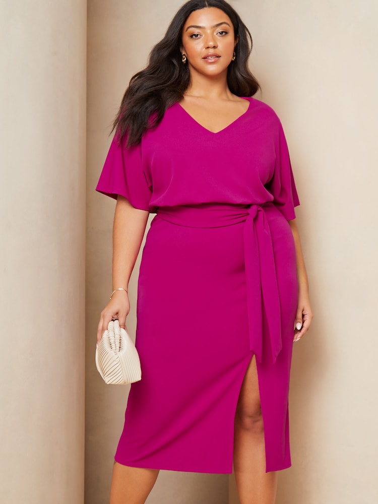 Lipsy Pink Curve V Neck Flutter Sleeve Belted Midi Dress - Image 1 of 4