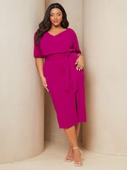 Lipsy Pink Curve V Neck Flutter Sleeve Belted Midi Dress - Image 3 of 4