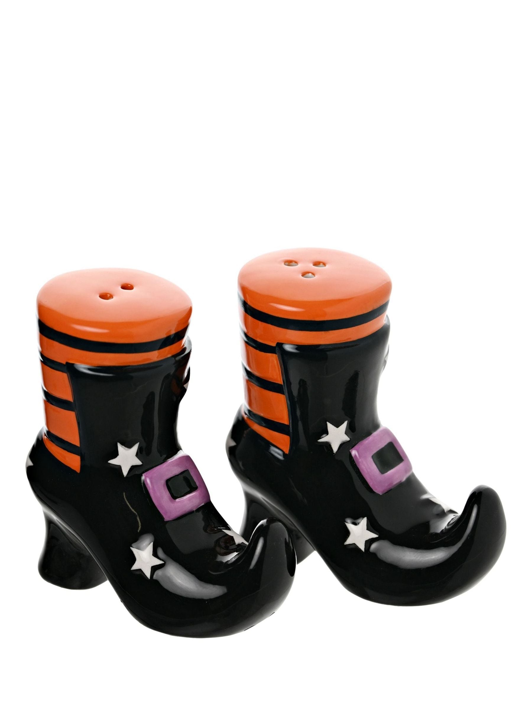 The Seasonal Gift Co Unisex Black Orange White Hocus Pocus Ceramic Boots Salt & Pepper Shakers - Image 1