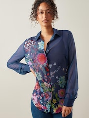 Navy Blue Print Long Sleeve Sheer Shirt - Image 1 of 5