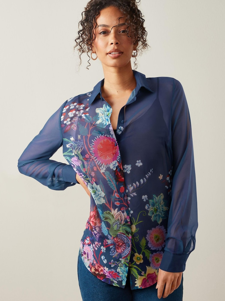 Navy Blue Print Long Sleeve Sheer Shirt - Image 1 of 5