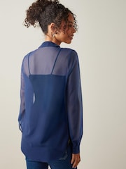 Navy Blue Print Long Sleeve Sheer Shirt - Image 2 of 5