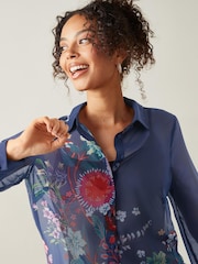 Navy Blue Print Long Sleeve Sheer Shirt - Image 3 of 5