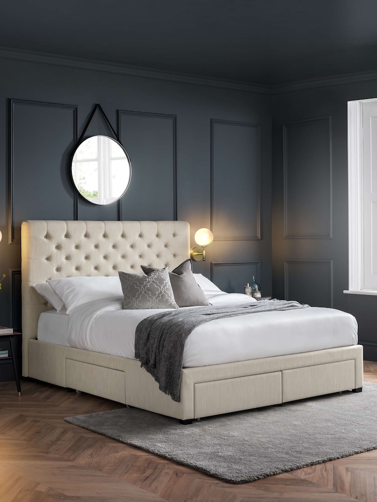Julian Bowen Oatmeal Wilton 4 Drawer Linen Upholstered Bed - Image 1 of 12 Julian Bowen Oatmeal Wilton 4 Drawer Linen Upholstered Bed - Image 1 of 12