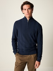 Navy Blue Texture 100% Cotton Regular Fit Quarter Zip Jumper - Image 1 of 5