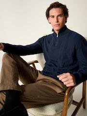 Navy Blue Texture 100% Cotton Regular Fit Quarter Zip Jumper - Image 2 of 5