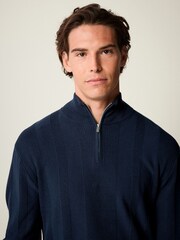 Navy Blue Texture 100% Cotton Regular Fit Quarter Zip Jumper - Image 4 of 5