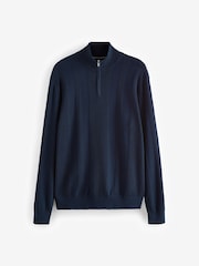 Navy Blue Texture 100% Cotton Regular Fit Quarter Zip Jumper - Image 5 of 5