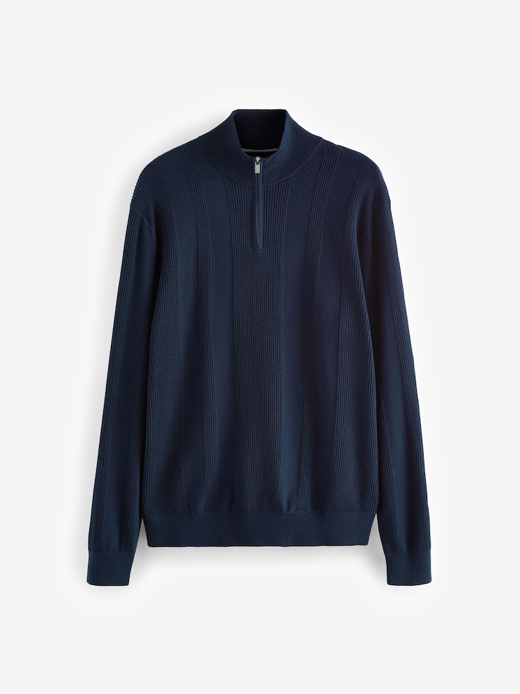 Navy Blue Texture 100% Cotton Regular Fit Quarter Zip Jumper - Image 5 of 5