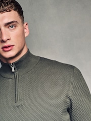 Olive Green Texture Regular Fit 100% Cotton Premium Quarter Zip Jumper - Image 1 of 7