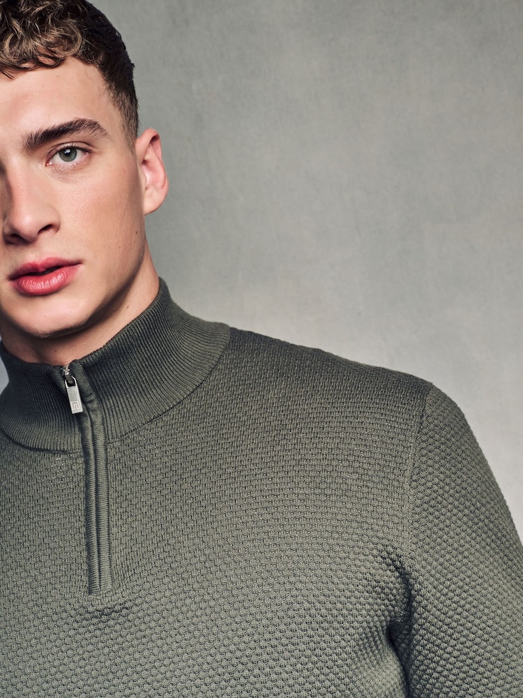 Olive Green Texture Regular Fit 100% Cotton Premium Quarter Zip Jumper - Image 1 of 7