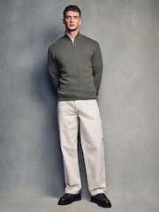 Olive Green Texture Regular Fit 100% Cotton Premium Quarter Zip Jumper - Image 2 of 7