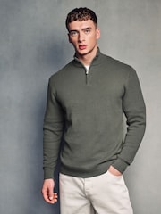 Olive Green Texture Regular Fit 100% Cotton Premium Quarter Zip Jumper - Image 3 of 7