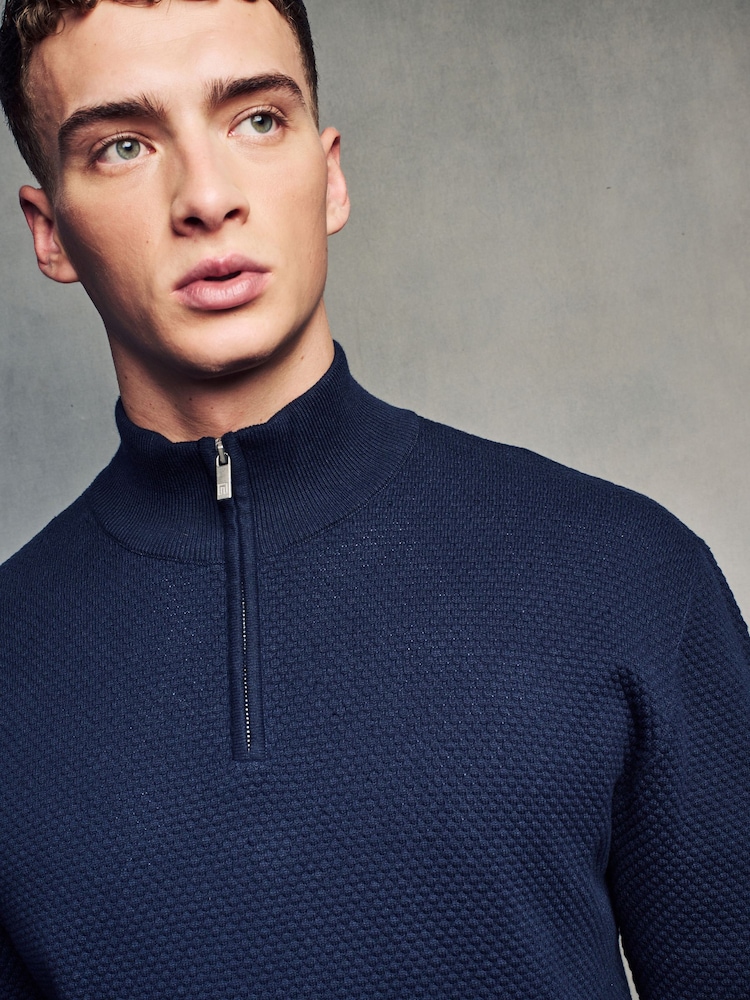 Navy Blue Texture Regular Fit 100% Cotton Premium Quarter Zip Jumper - Image 1 of 7
