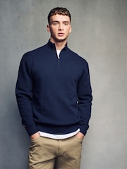 Navy Blue Texture Regular Fit 100% Cotton Premium Quarter Zip Jumper - Image 4 of 7