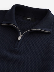 Navy Blue Texture Regular Fit 100% Cotton Premium Quarter Zip Jumper - Image 6 of 7