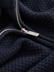 Navy Blue Texture Regular Fit 100% Cotton Premium Quarter Zip Jumper - Image 7 of 7
