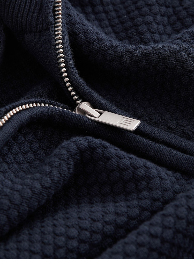 Navy Blue Texture Regular Fit 100% Cotton Premium Quarter Zip Jumper - Image 7 of 7