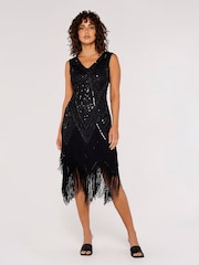 Apricot Black Chevron Sequin Double Frill Gatsby Style Dress - Image 1 of 4