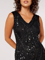 Apricot Black Chevron Sequin Double Frill Gatsby Style Dress - Image 4 of 4