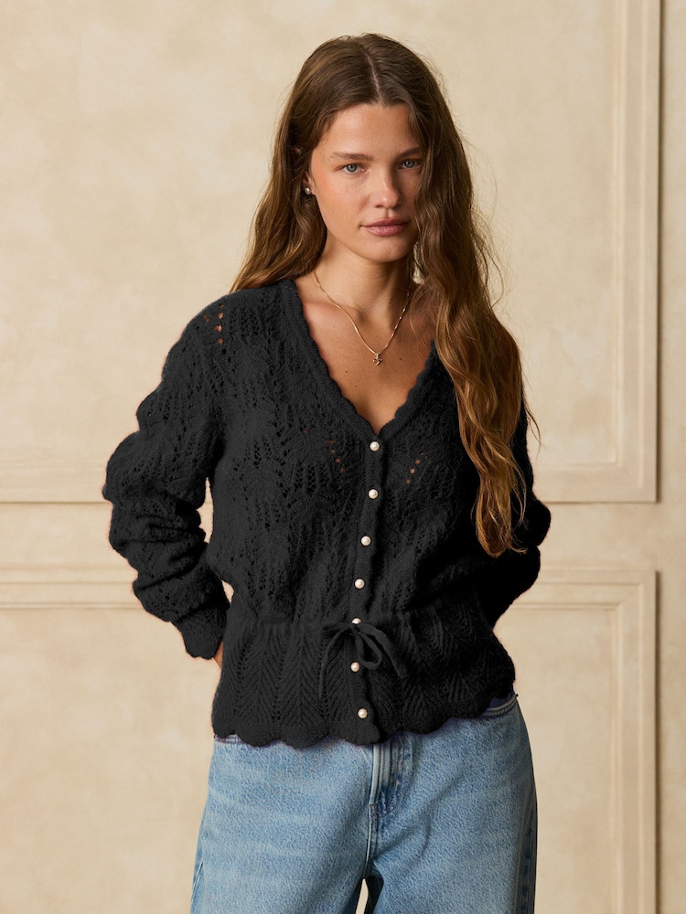 Black Pointelle Tie Waist Knitted Cardigan with Wool - Image 2 of 4 Black Pointelle Tie Waist Knitted Cardigan with Wool - Image 2 of 4