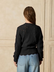 Black Pointelle Tie Waist Knitted Cardigan with Wool - Image 3 of 4