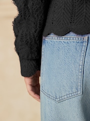 Black Pointelle Tie Waist Knitted Cardigan with Wool - Image 4 of 4