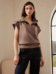 Grey/Purple Premium Slinky Quarter Zip Neck Collared Short Sleeve Top - Image 1 of 6