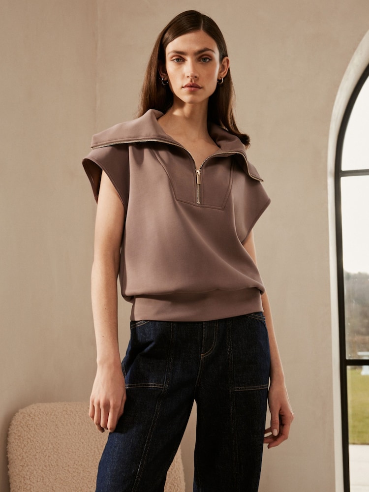 Grey/Purple Premium Slinky Quarter Zip Neck Collared Short Sleeve Top - Image 1 of 6