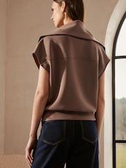 Grey/Purple Premium Slinky Quarter Zip Neck Collared Short Sleeve Top - Image 2 of 6