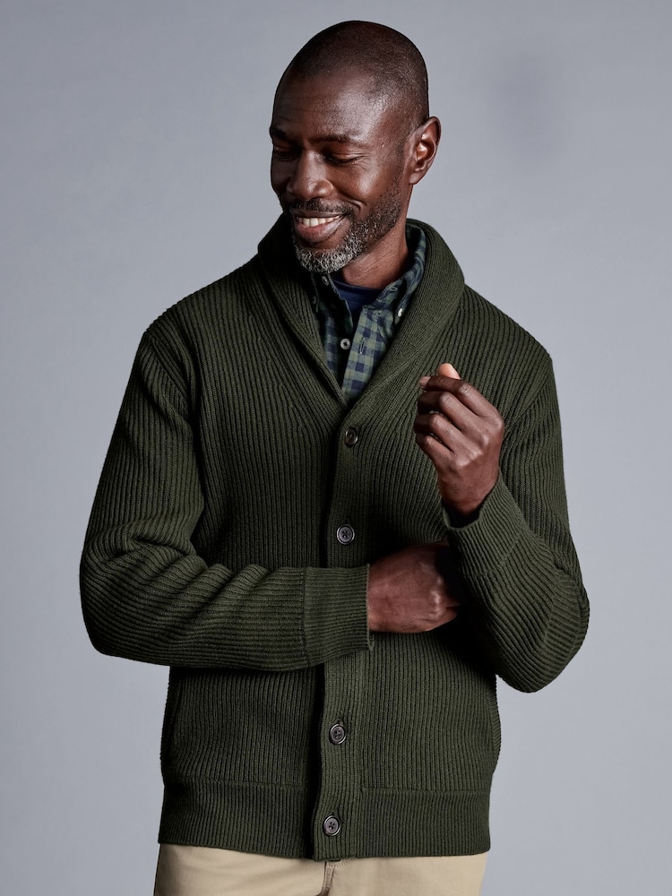 Charles Tyrwhitt Green Chunky Merino Shawl Neck Cardigan - Image 1 of 6
