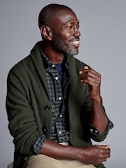Charles Tyrwhitt Green Chunky Merino Shawl Neck Cardigan - Image 3 of 6