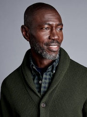 Charles Tyrwhitt Green Chunky Merino Shawl Neck Cardigan - Image 4 of 6