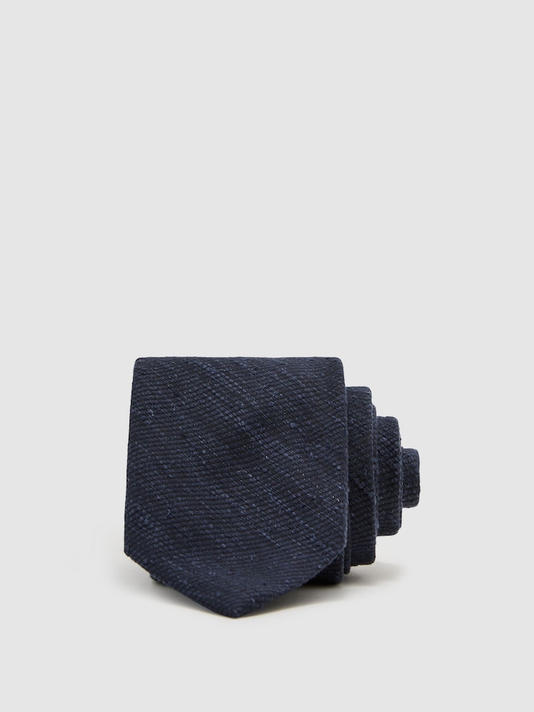 Reiss Navy Ermo Silk-Blend Slub Textured Tie - Image 1 of 5 Reiss Navy Ermo Silk-Blend Slub Textured Tie - Image 1 of 5