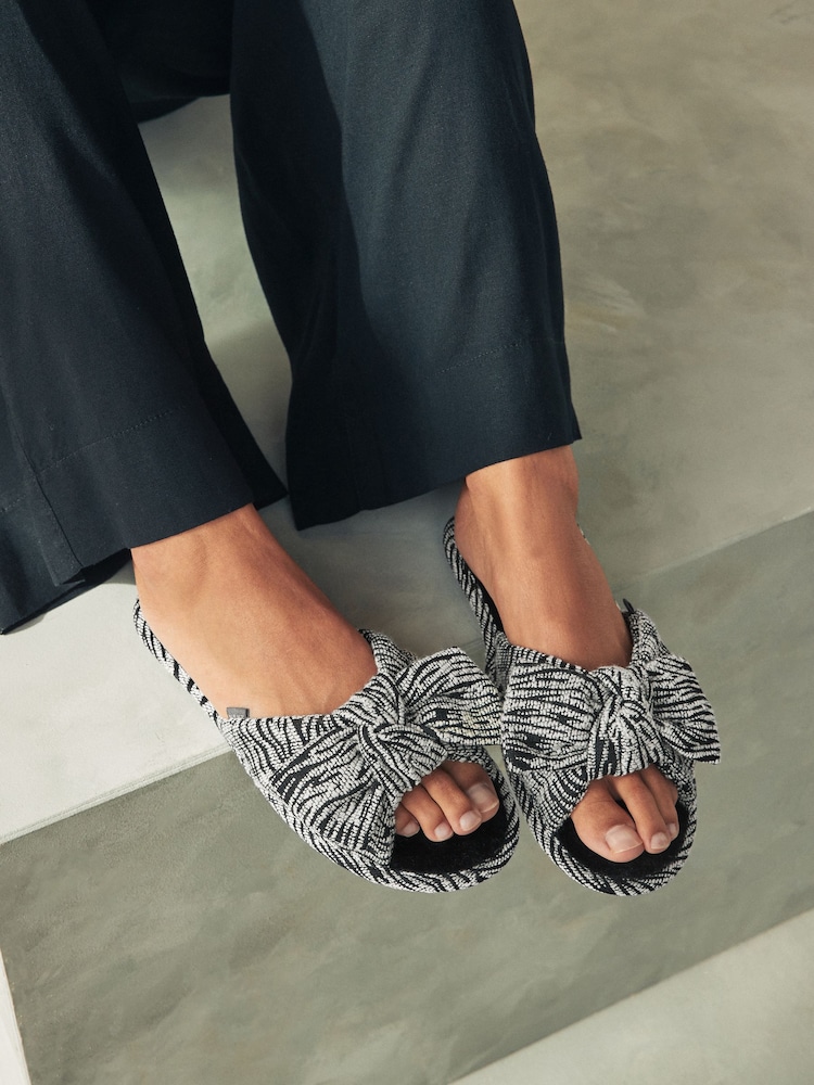 Monochrome Zebra Bow Slider Slippers - Image 1 of 9 Monochrome Zebra Bow Slider Slippers - Image 1 of 9