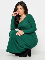 PixieGirl Petite Green Long Sleeve Ribbed Button Midi Dress - Image 1 of 4