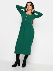 PixieGirl Petite Green Long Sleeve Ribbed Button Midi Dress - Image 3 of 4