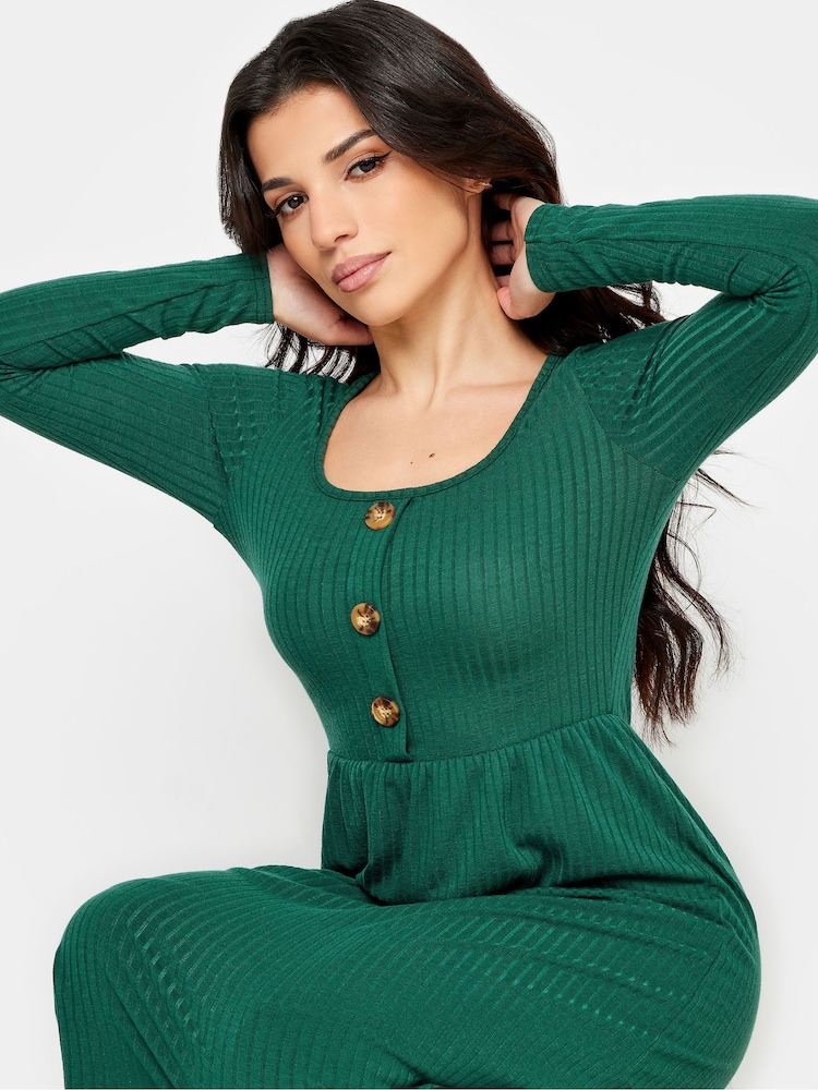 PixieGirl Petite Green Long Sleeve Ribbed Button Midi Dress - Image 4 of 4